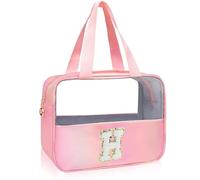 Junesters Initial Clear Makeup Bag Personalized Pink Clear Cosmetic Bag, Cute Large Make Up Bags Organizer Bag, Travel Toiletry Bag for Women Girl Gifts H (Pink)