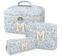 Junesters Initial Makeup Bag Set, Personalized Quilted Makeup Bag, Large Floral Cosmetic Bag for Women, Cute Cotton Custom Make up Bags, Flower Travel Toiletry Bag Teen Girl Gift Blue Flower M