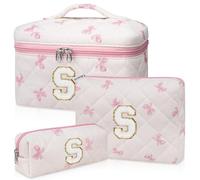 Junesters Initial Makeup Bag Set, Personalized Quilted Makeup Bag, Large Floral Cosmetic Bag for Women, Cute Cotton Custom Make up Bags, Flower Travel Toiletry Bag Teen Girl Gift Pink Butterfly S