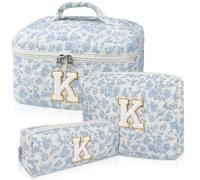 Junesters Initial Makeup Bag Set, Personalized Quilted Makeup Bag, Large Floral Cosmetic Bag for Women, Cute Cotton Custom Make up Bags, Flower Travel Toiletry Bag Teen Girl Gift Blue Flower K