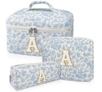 Junesters Initial Makeup Bag Set, Personalized Quilted Makeup Bag, Large Floral Cosmetic Bag for Women, Cute Cotton Custom Make up Bags, Flower Travel Toiletry Bag Teen Girl Gift Blue Flower A