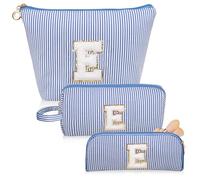 Junesters Initials Makeup Bag Set, Personalized Blue Cosmetic Bag, Cute Large Make up Bags, Travel Toiletry Bag for Women Girl Gifts E (Blue)