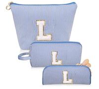 Junesters Initials Makeup Bag Set, Personalized Blue Cosmetic Bag, Cute Large Make up Bags, Travel Toiletry Bag for Women Girl Gifts L (Blue)