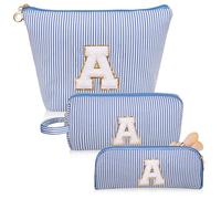 Junesters Initials Makeup Bag Set, Personalized Blue Cosmetic Bag, Cute Large Make up Bags, Travel Toiletry Bag for Women Girl Gifts A (Blue)