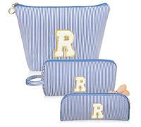 Junesters Initials Makeup Bag Set, Personalized Blue Cosmetic Bag, Cute Large Make up Bags, Travel Toiletry Bag for Women Girl Gifts R (Blue)