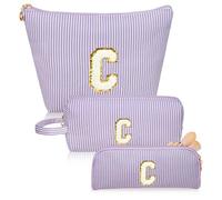 Junesters Initials Makeup Bag Set, Personalized Purple Cosmetic Bag, Cute Large Make up Bags, Travel Toiletry Bag for Women Girl Gifts C (Purple)