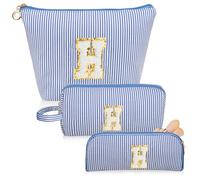 Junesters Juego de bolsas de maquillaje con iniciales, bolsa de cosméticos azul personalizada, bonitas bolsas de maquillaje grandes, bolsa de aseo de viaje para mujeres y niñas, regalos H (azul), Azul