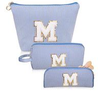 Junesters Juego de bolsas de maquillaje con iniciales, bolsa de cosméticos azul personalizada, bonitas bolsas de maquillaje grandes, bolsa de aseo de viaje para mujeres y niñas, regalos M (azul),