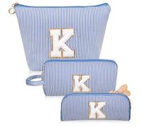 Junesters Juego de bolsas de maquillaje con iniciales, bolsa de cosméticos azul personalizada, bonitas bolsas de maquillaje grandes, bolsa de aseo de viaje para mujeres y niñas, regalos K (azul),