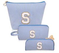 Junesters Juego de bolsas de maquillaje con iniciales, bolsa de cosméticos azul personalizada, bonitas bolsas de maquillaje grandes, bolsa de aseo de viaje para mujeres y niñas, regalos S (azul),