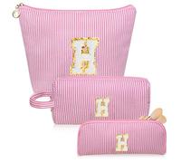Junesters Juego de bolsas de maquillaje con iniciales, bolsa de cosméticos rosa personalizada, bonitas bolsas de maquillaje grandes, bolsa de aseo de viaje para mujeres y niñas, regalos H (rosa