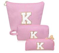 Junesters Juego de bolsas de maquillaje con iniciales, bolsa de cosméticos rosa personalizada, bonitas bolsas de maquillaje grandes, bolsa de aseo de viaje para mujeres y niñas, regalos K (rosa),