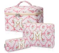 Junesters Personalized Initial Makeup Bag Set, Quilted Makeup Bag, Large Floral Cosmetic Bag for Women, Cute Cotton Custom Make up Bags, Flower Travel Toiletry Bag Teen Girl Gift Trendy Stuff Gift M
