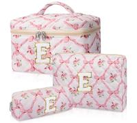 Junesters Personalized Initial Makeup Bag Set, Quilted Makeup Bag, Large Floral Cosmetic Bag for Women, Cute Cotton Custom Make up Bags, Flower Travel Toiletry Bag Teen Girl Gift Trendy Stuff Gift E