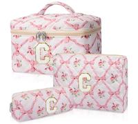 Junesters Personalized Initial Makeup Bag Set, Quilted Makeup Bag, Large Floral Cosmetic Bag for Women, Cute Cotton Custom Make up Bags, Flower Travel Toiletry Bag Teen Girl Gift Trendy Stuff Gift C