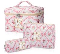 Junesters Personalized Initial Makeup Bag Set, Quilted Makeup Bag, Large Floral Cosmetic Bag for Women, Cute Cotton Custom Make up Bags, Flower Travel Toiletry Bag Teen Girl Gift Trendy Stuff Gift K