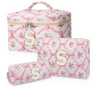 Junesters Personalized Initial Makeup Bag Set, Quilted Makeup Bag, Large Floral Cosmetic Bag for Women, Cute Cotton Custom Make up Bags, Flower Travel Toiletry Bag Teen Girl Gift Trendy Stuff Gift S