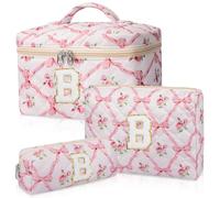 Junesters Personalized Initial Makeup Bag Set, Quilted Makeup Bag, Large Floral Cosmetic Bag for Women, Cute Cotton Custom Make up Bags, Flower Travel Toiletry Bag Teen Girl Gift Trendy Stuff Gift B