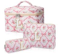 Junesters Personalized Initial Makeup Bag Set, Quilted Makeup Bag, Large Floral Cosmetic Bag for Women, Cute Cotton Custom Make up Bags, Flower Travel Toiletry Bag Teen Girl Gift Trendy Stuff Gift L