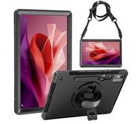 Junfire Funda Resistente para Lenovo Tab P12 (12,7 Pulgadas) 2023, Funda Resistente a los Golpes con Soporte Giratorio, Correa de Mano, Bandolera y Portalápices Compatible con TB370FU-Negro