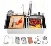 JUNFUNNLE Fregadero de cocina rectangular de acero inoxidable de 75 × 45 cm, cascada con grifo extensible, estación de trabajo grande para fregadero individual, fregadero de bar, accesorios completos