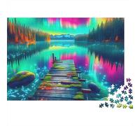 Jungla Rompecabezas de 1000 Piezas para Adultos, Aurora Boreal sobre Lago con Muelle de Madera, Premium Resistente Vibrante, desafiante difícil, Alivio estrés Regalo, 70x50cm/1000pcs