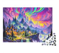 Jungla San Valentín Rompecabezas Regalo de 1000 Piezas para Adultos, Pueblo Castillo de fantasía Iluminado por Aurora en montañas, Premium Resistente Vibrante, desafiante 52x38cm/1000pcs