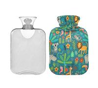 Jungle Animals Lion Koala - Botella de agua caliente de 2 litros con cubierta, bolsa de agua caliente transparente para alivio del dolor de cuello y hombros, terapia caliente