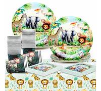 Jungle Animals Party Vajilla,Huaxintoys 61 Piezas de Vajilla de Jungle Animal,Contiene 20 Tazas, 20 Platos, 20 Servilletas y 1Mantel para Fiesta Cumpleaños Animales de la Selva(20 Invitados)