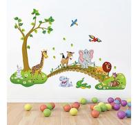 Jungle Animals Tree Wall Stickers Lion Giraffe Elephant Walking On Bridge Wall Decals Kids Room Baby Room Nursery Bedroom Wall Decor