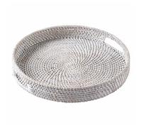 Jungle Culture Bandeja de ratán de 30cm / 11,8" • Bandejas Tejidas con Asas para el hogar • Bandeja Redonda para Mesa de Centro • Cesta de Mimbre para Pan, Fruta, Velas • Blanco