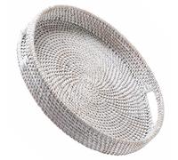 Jungle Culture Bandeja de ratán de 34cm / 13,8" • Bandejas Tejidas con Asas para el hogar • Bandeja Redonda para Mesa de Centro • Cesta de Mimbre para Pan, Fruta, Velas • Blanco