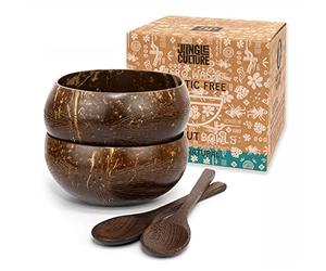 Jungle Culture® Set de 2 Boles de Coco con Cucharas y Pajita de Bambú & Bolsa • Tazones de Coco Natural • Cuenco Madera • Açai Bowl Ecológico y Sostenible • Coconut Bowls • Hecho a Mano en Vietnam