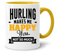 Jungle Mug Taza de cerámica de 325 ml con texto en inglés "Hurling Makes Me Happy You Not So Much", divertido regalo irlandés para hombres y mujeres, taza de café deportiva de guerreros gaélicos