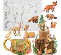 Jungle Safari Woodland Animal Fondant Molde de silicona Zorro Ardilla Rubbit Mapache Castor Elk Sika Ciervo para decoración de pasteles Cupcake Topper Chocolate 7 formas 1-3.3 pulgadas