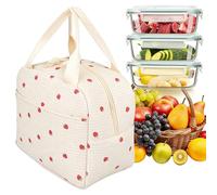 JUNJIEFU Bolsa de Almuerzo de 9L, Bolsa Térmica Comida Trabajo para Mujer, Bolsa Isotérmica Reutilizable, Bolsa de Almuerzo de Pana Fresa Beige para Trabajo, Escuela, Pícnic, Playa