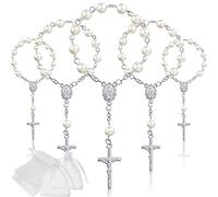 Junkin 30 Piezas Rosarios de Bautismo Cuentas de Rosario de Acrílico Mini Rosarios de Bautismo de Dedo de Color Marfil Perlas de Imitación con Bolsas de Organza para Bodas Fiesta (Plata)