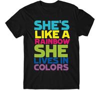 JUNKOU T Shirt She's Like A Rainbow Fit Casual Graphic Short Sleeve Tops Black L