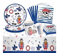 JunMallko 49 Piezas Vajilla de Fiesta Pirata, Decoración para Cumpleaños Infantiles de Pirata, Vajilla para Pirata Fiestas de Cumpleaños Incluyen Plato, Vasos, Servilletas, Manteles - 16 Porciones