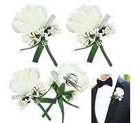 JUNMEIDO 4 PCS Ramillete Novio Boda Boutonniere Novio Ramillete de Flores para Novio Ramillete de Rosas Blancas Hecho a Mano con Broche y Clip para Novio Novia Decoraciones para Trajes y Vestidos