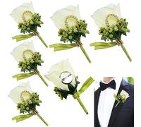 JUNMEIDO 6 PCS Ramillete Novio Boda Boutonniere Novio Ramillete de Flores para Novio Ramillete de Rosas Blancas Hecho a Mano con Broche y Clip para Novio Novia Decoraciones para Trajes y Vestidos