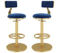 JUNNIU Juego de 2 taburetes de Bar, Silla giratoria con Respaldo extraíble con reposapiés Dorado y Base Redonda, Taburete de Bar para Comedor con Isla de Cocina, Ajustable de 65 a 80 cm (Color: Azul)