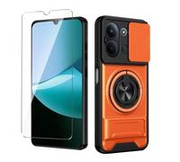 Junruijia Carcasa para Xiaomi Redmi 15C 5G/4G/POCO C85 con Protector de Pantalla de Vidrio Templado & Protector de Lente de Cámara,Funda Protectora con Soporte Metálico 360°-Naranja