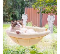 JUNSPOW Percha para Ventana de Gato inalámbrica, Plegable y Estable, Hamaca Transpirable con Ventana para Gatos, para Pasar el Sol, Escalar, soporta hasta 40 Libras (Crema, Piel de Conejo sintética)