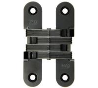 Juntas para pantalla plana SOSS Invisible bisagra con 4 agujeros, Zinc, negro e-coated acabado, 4 - 5/8 "hojas altura, 1 cm de ancho hoja, 1 - 7/16", grosor de hojas, # 14 x 1 - 1/2 "rosca tamaño