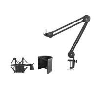 Junterone - Soporte de brazo de micrófono para grabación, podcasting, soporte de brazo de tijera ajustable con filtro, soporte a prueba de golpes, color negro