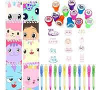 Junyaoii Gabby's - Juego de obsequios para cumpleaños infantiles, incluye 12 sellos para casa de muñecas, 12 bolígrafos UV y 12 bonitos blocs de notas de gato para regalos de cumpleaños, bolsas de