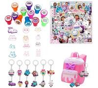 Junyaoii Gabby's Juego de regalos de cumpleaños infantiles, incluye 12 sellos de Dollhouse, 12 colgantes de Dollhouse y paquete de 50 pegatinas, para cumpleaños, relleno de bolsas de regalo, premios