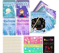 Junyaoii Paquete de 12 cuadernos de rascar arcoíris para fiestas: cuaderno de rascar con temática de Frozen, lápiz capacitivo de madera, plantillas de dibujo y bolsas de regalo para regalos de