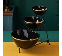 JUNYFFF Frutero 3 Pisos De Cerámica, Cuenco De Frutas para Encimera De Cocina, Cuencos De Cerámica De 3 Niveles con Soporte De Metal, Cesta De Frutas para Frutas Y Verduras, Dulces, Nueces,Negro